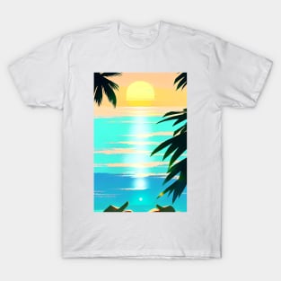 Summer Sunset Palm Tree Beach Ocean Artistic Paradise T-Shirt